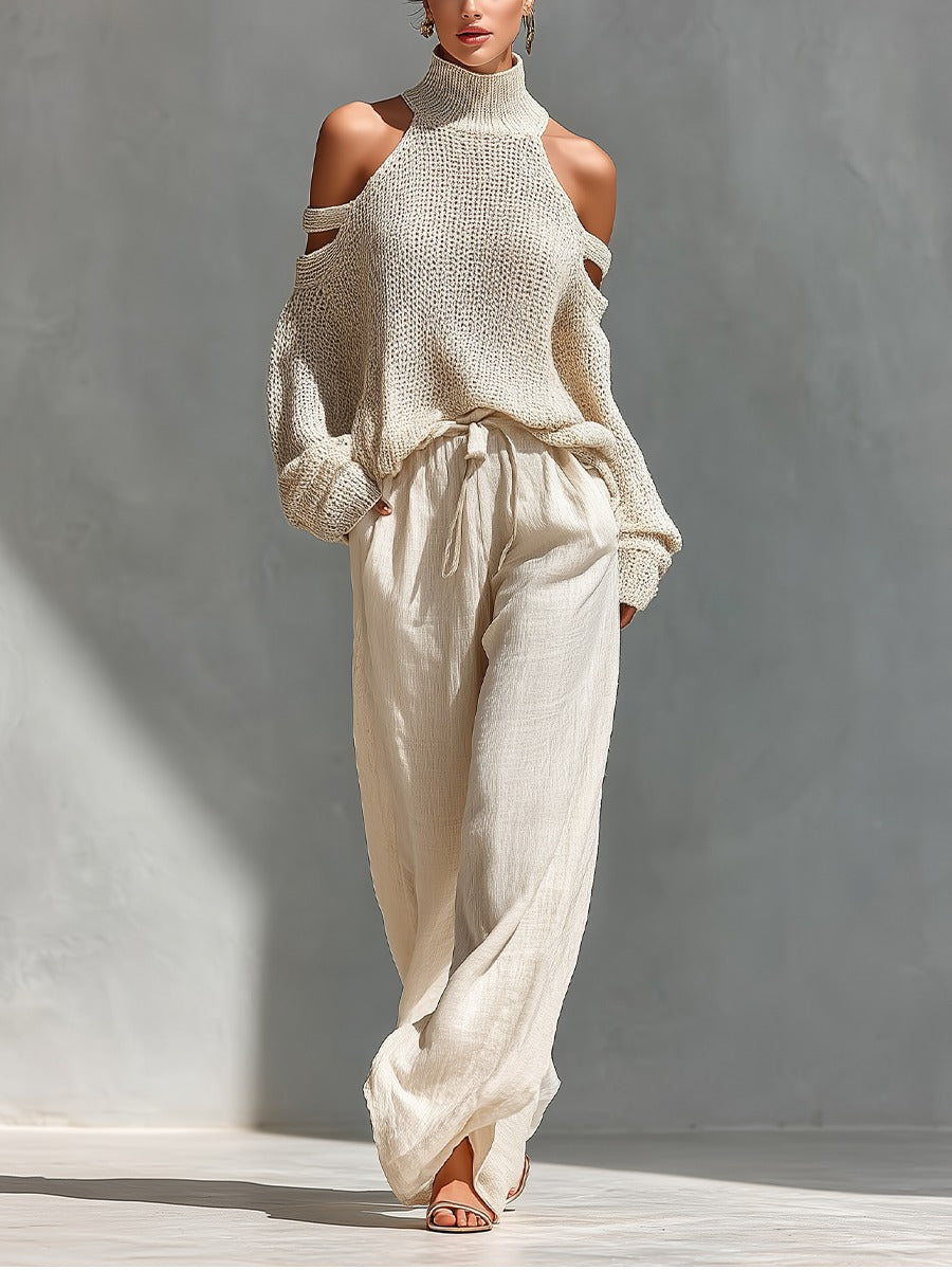 MANUELA - Completo donna due pezzi con top off-shoulder e pantaloni ampi