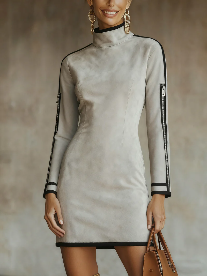 YLENIA - Mini abito grigio chiaro effetto suede con collo alto e zip