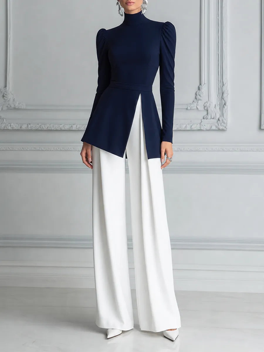 IULIA - Completo blu navy con top peplum e pantaloni bianchi ampi