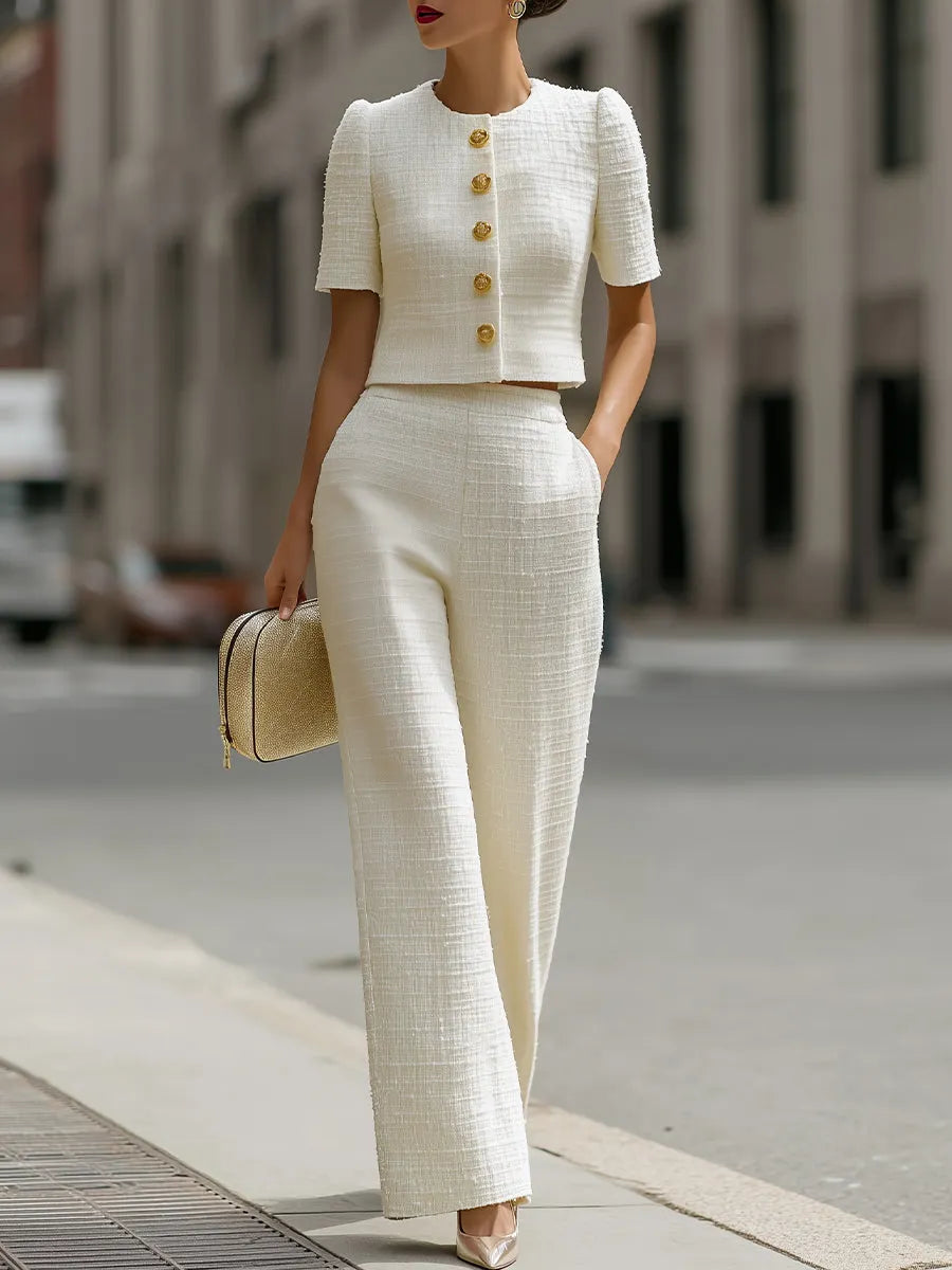 SELVAGGIA - Completo in tweed con giacca cropped e pantaloni wide-leg a vita alta