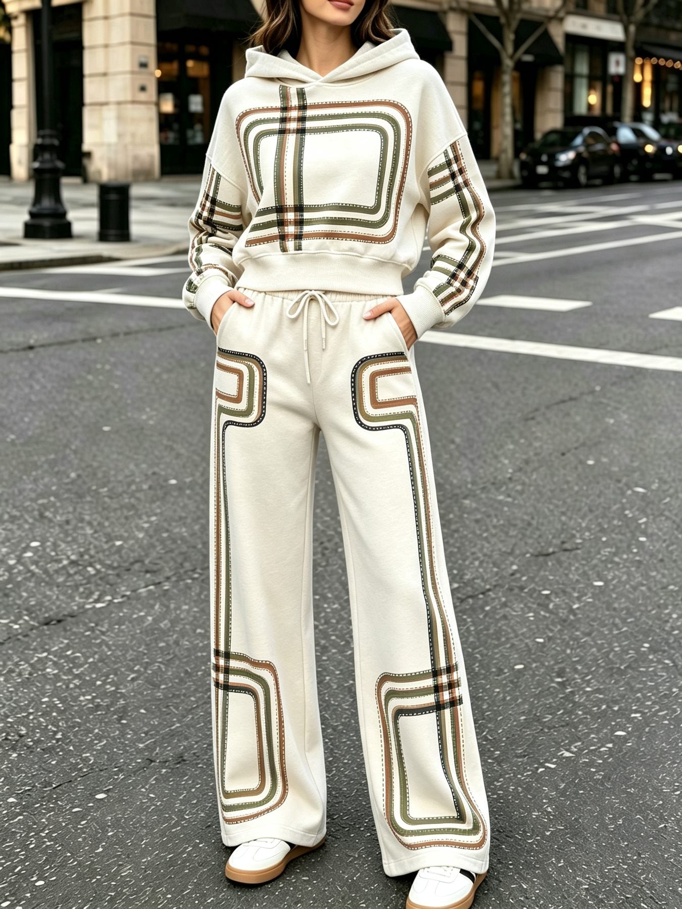 Nuovo felpino corto con cappuccio da donna, versatile ed elegante, con set casual di pantaloni lunghi, senza ricami, tessuto leggermente elasticizzato, adatto per l'uso quotidiano e il pendolarismo, perfetto per camminare, fare jogging e altre attività al