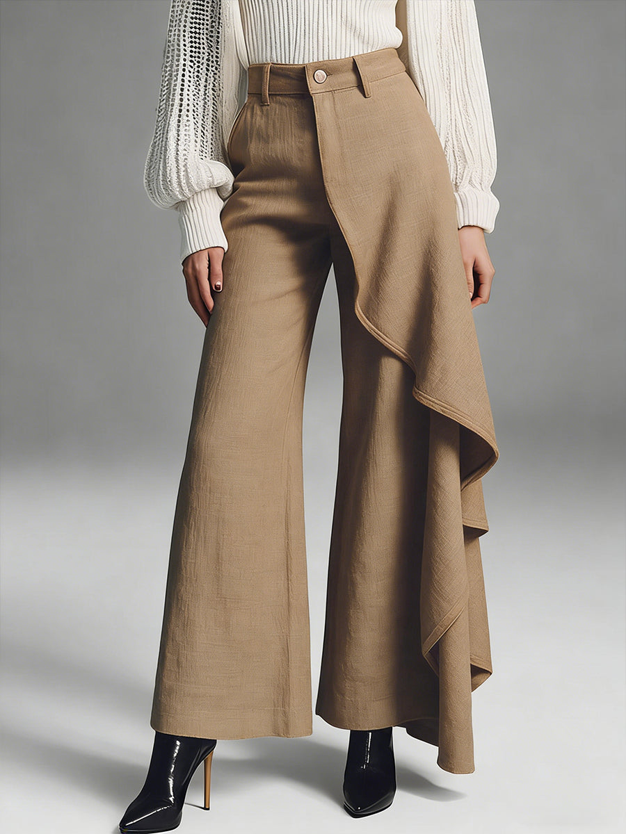 LILIANA - Pantaloni in lino e cotone con volant eleganti