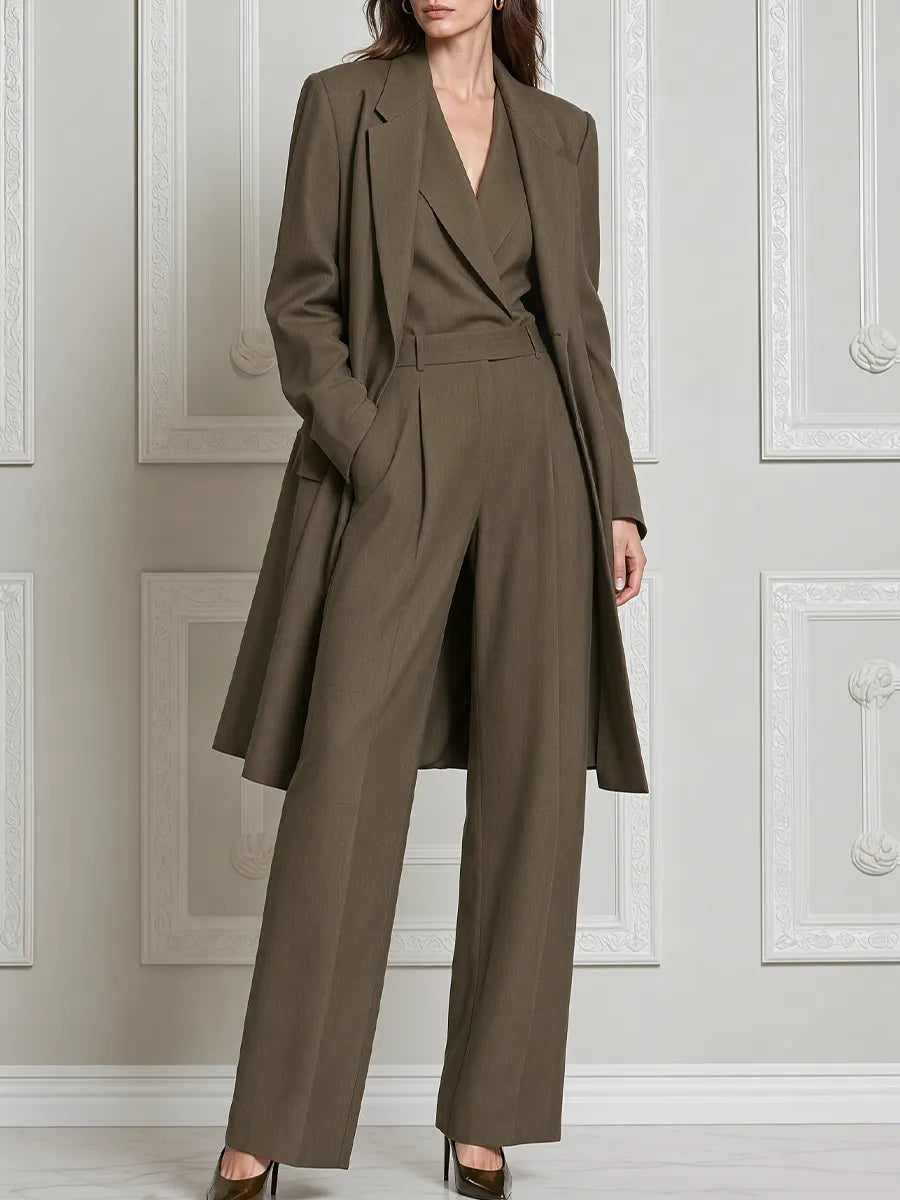 KELLY - Completo verde oliva con cappotto lungo e jumpsuit palazzo
