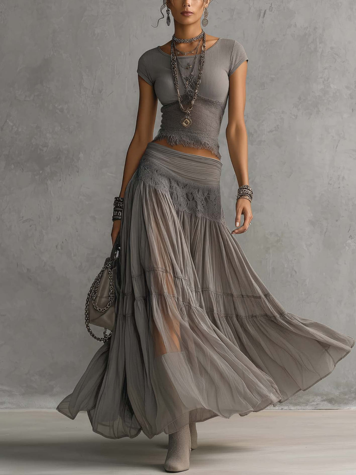 GIULIA - Completo chiffon plissettato con gonna maxi