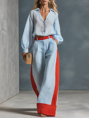 GIULIA - Set blu cotone e lino con camicia rigata e pantaloni ampi