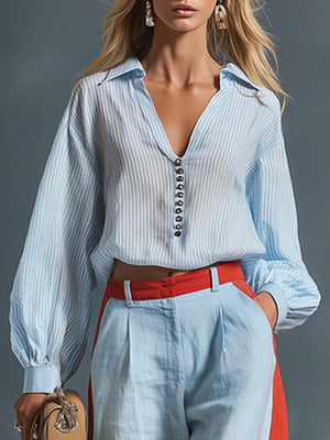 GIULIA - Set blu cotone e lino con camicia rigata e pantaloni ampi