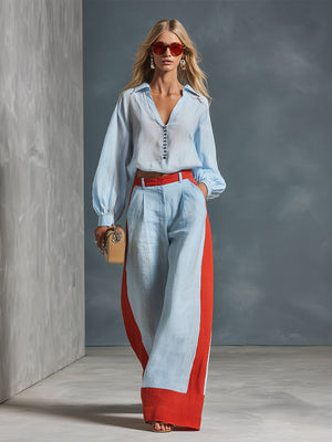 GIULIA - Set blu cotone e lino con camicia rigata e pantaloni ampi