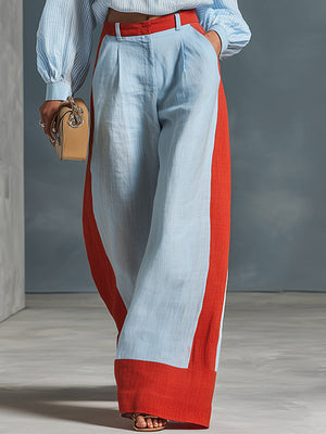GIULIA - Set blu cotone e lino con camicia rigata e pantaloni ampi