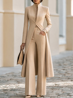 LUCIA - Completo beige con cappotto lungo e pantaloni flare