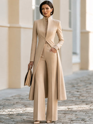 LUCIA - Completo beige con cappotto lungo e pantaloni flare