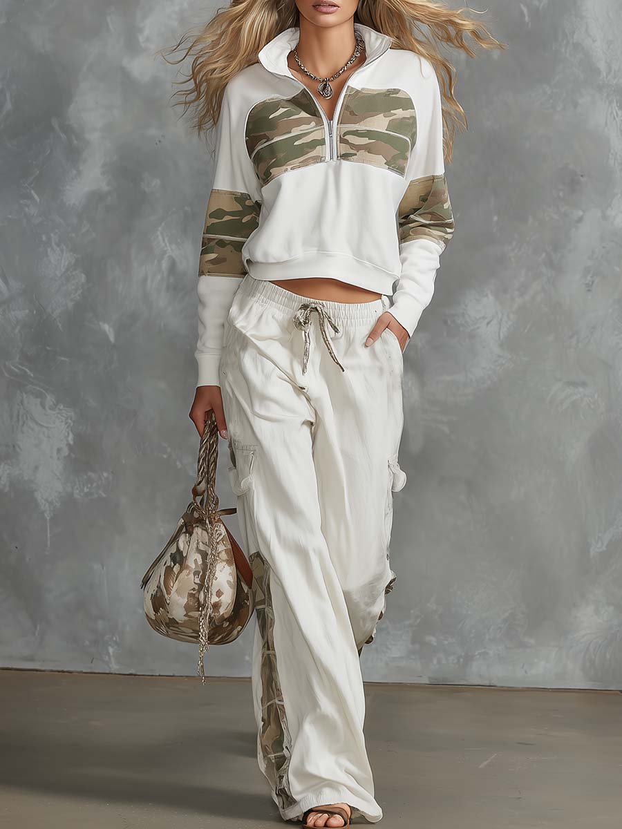 BIANCA - Completo bianco felpa mezza zip e pantaloni cargo ampi