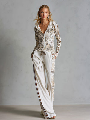 MARTINA - Set cotone bianco camouflage, hoodie zip pantaloni wide-leg