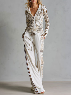 MARTINA - Set cotone bianco camouflage, hoodie zip pantaloni wide-leg