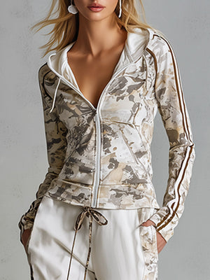 MARTINA - Set cotone bianco camouflage, hoodie zip pantaloni wide-leg