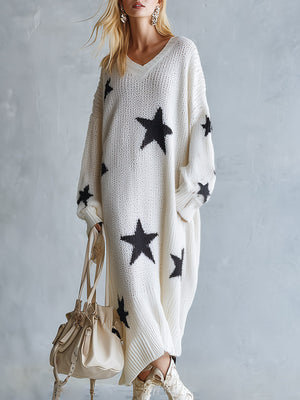 SOFIA - Maxi dress in maglia avorio con stelle oversize