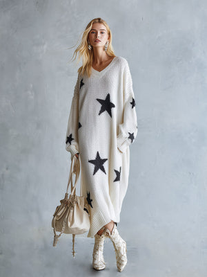SOFIA - Maxi dress in maglia avorio con stelle oversize