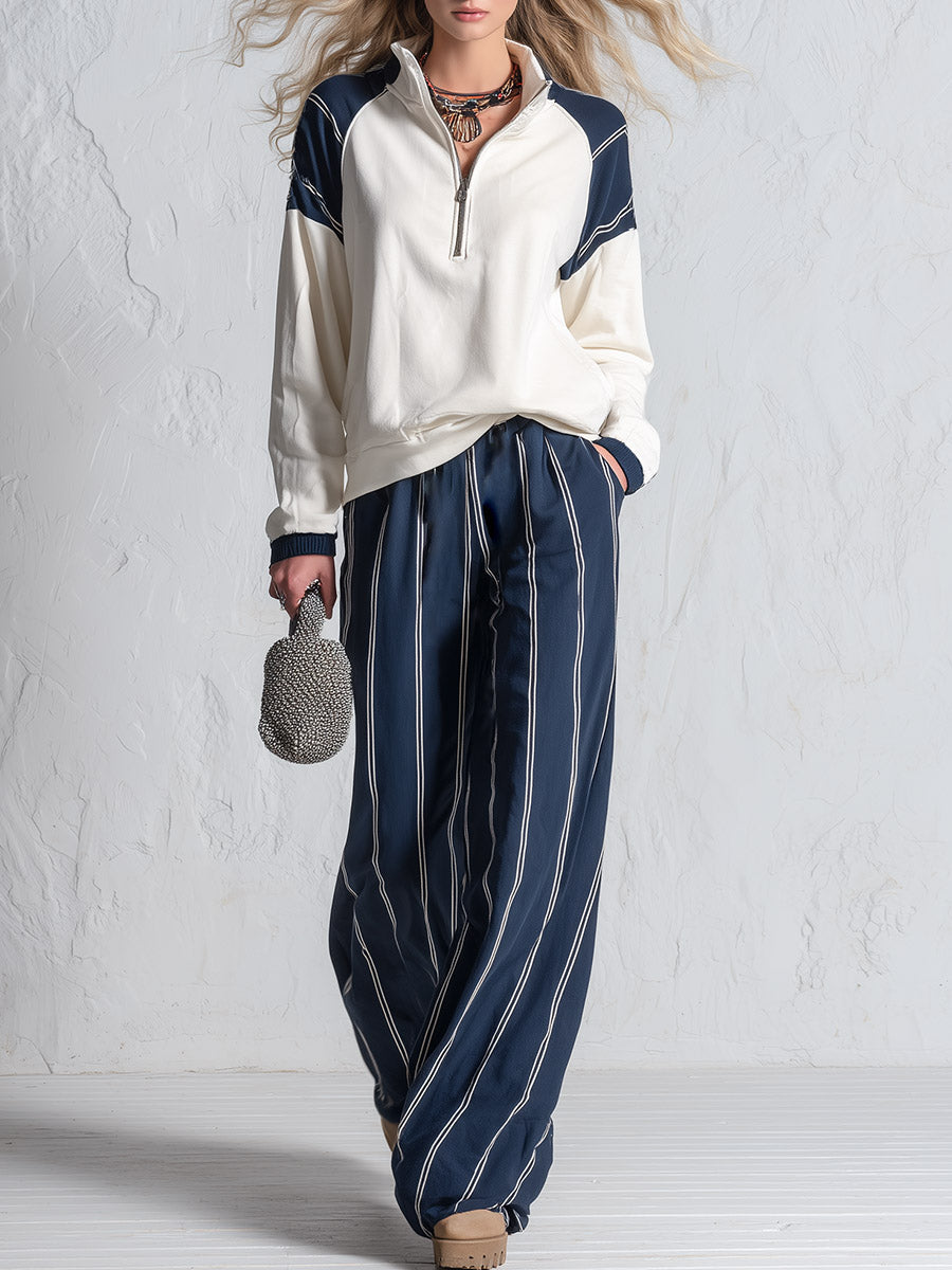AURORA - Set felpa raglan e pantaloni rigati bianco navy