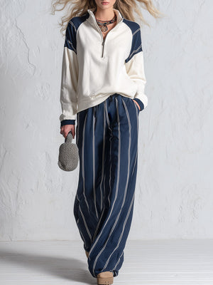 AURORA - Set felpa raglan e pantaloni rigati bianco navy