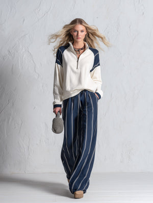 AURORA - Set felpa raglan e pantaloni rigati bianco navy