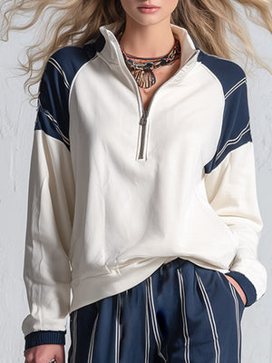 AURORA - Set felpa raglan e pantaloni rigati bianco navy