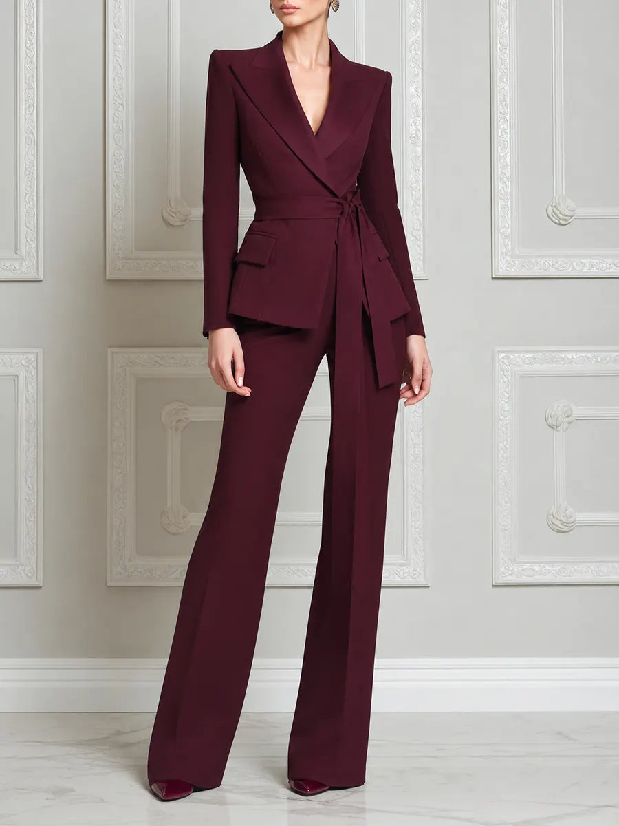 ROSALINDA - Completo burgundy con blazer incrociato e pantaloni ampi