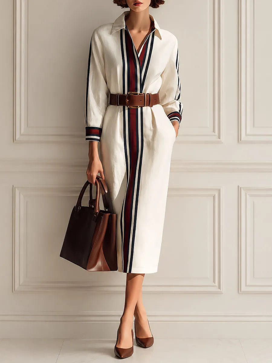 ANNA - Abito midi dritto inANNA - Abito midi dritto in cotone-lino a righe color block cotone-lino a righe color block