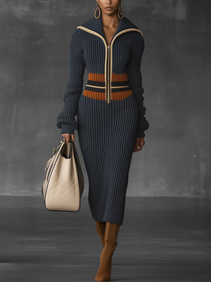 LUISA - Abito in maglia a coste blu navy con zip
