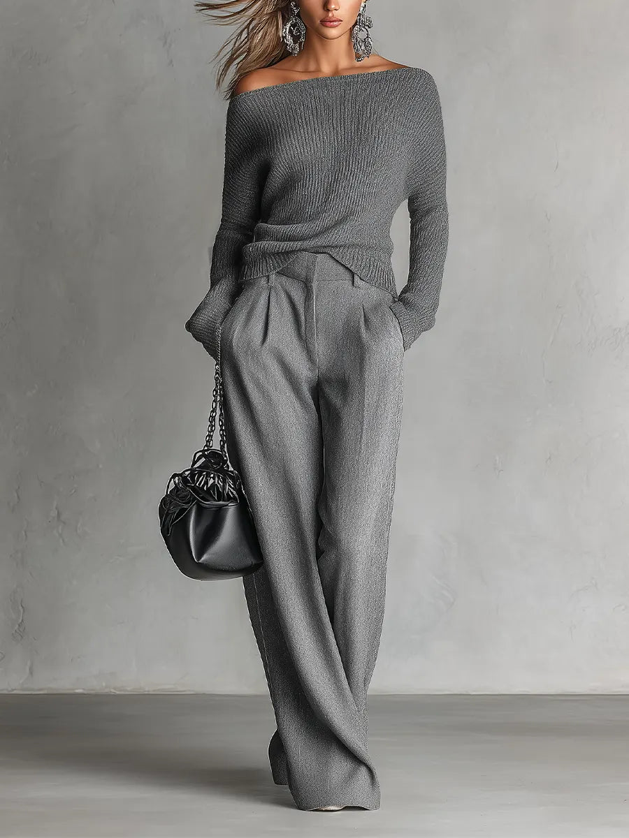 VIOLA - Completo in maglia monospalla con pantaloni coordinati