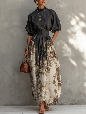 TILDE - Abito maxi A-line color block con collo alto stampato