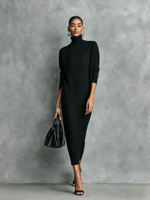 CLAUDIA - Abito midi nero in maglia con collo alto e maniche lunghe