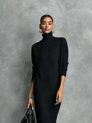 CLAUDIA - Abito midi nero in maglia con collo alto e maniche lunghe