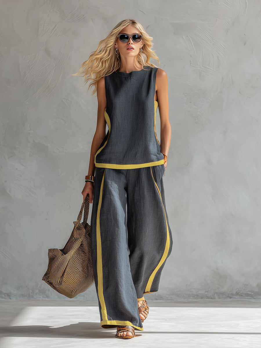 ASIA - Completo Pantaloni e Gilet in Lino-Cotone a Contrasto