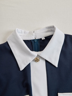 PAOLA - Abito Midi Blu Navy a Maniche Lunghe con Bottoni a Contrasto