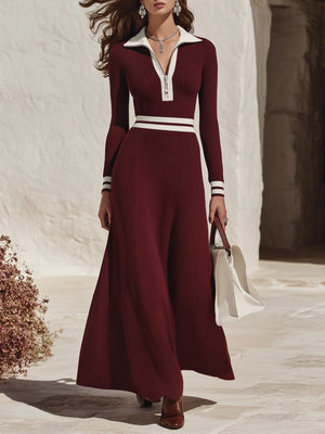 FIORDALISO - Abito maxi maglia coste bordeaux zip mezza bordi bianchi