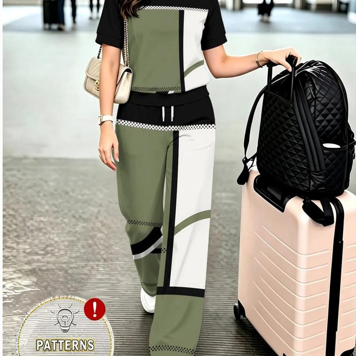 Completo casual da donna color block, verde militare e stampa a griglia geometrica, ampio, con maniche corte e pantaloni lunghi, abbigliamento alla moda per vacanze, uscite quotidiane e appuntamenti