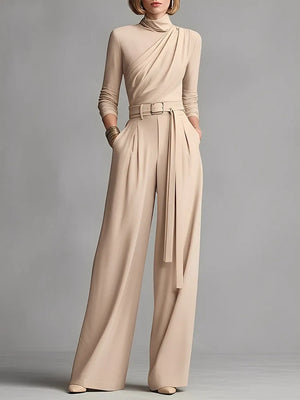 CAMILLA - Tuta in maglia misto cotone beige con vita arricciata