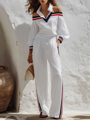 GAIA - Completo retrò colorto retrò color block con camicia cut out e pantaloni ampi