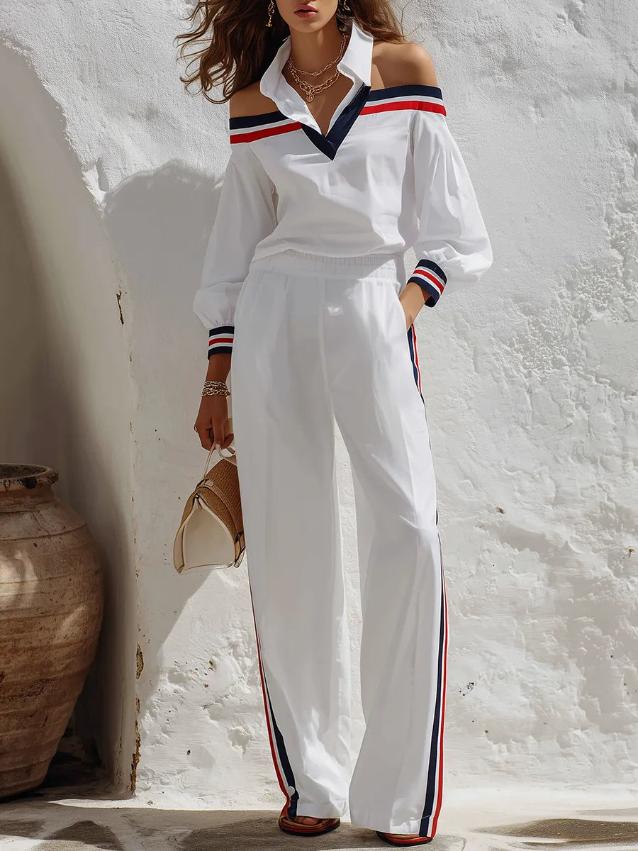 GAIA - Completo retrò colorto retrò color block con camicia cut out e pantaloni ampi