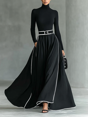 MIRIAM - Abito maxi nero aderente con colletto alto e cintura