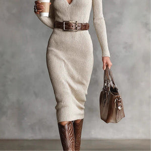 MARIAM - Abito Midi Bianco in Maglia a Collo Alto