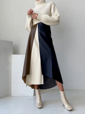 FRANCESCA - Gonna midi in pelle liscia nera e blu navy
