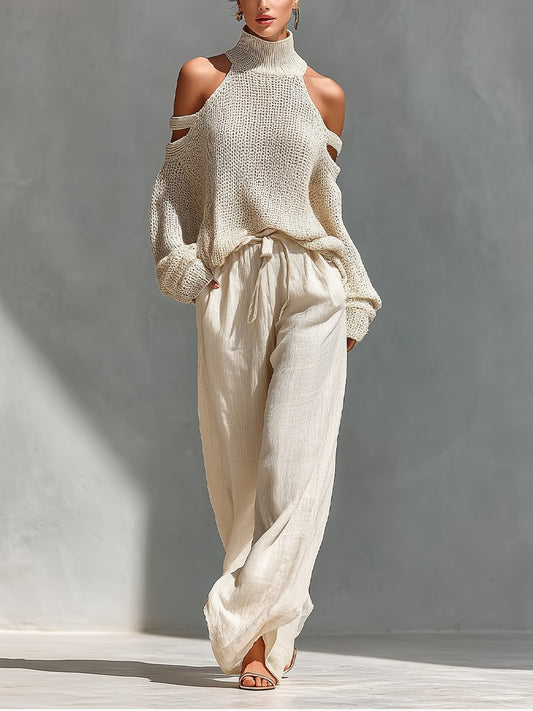 MANUELA - Completo donna due pezzi con top off-shoulder e pantaloni ampi