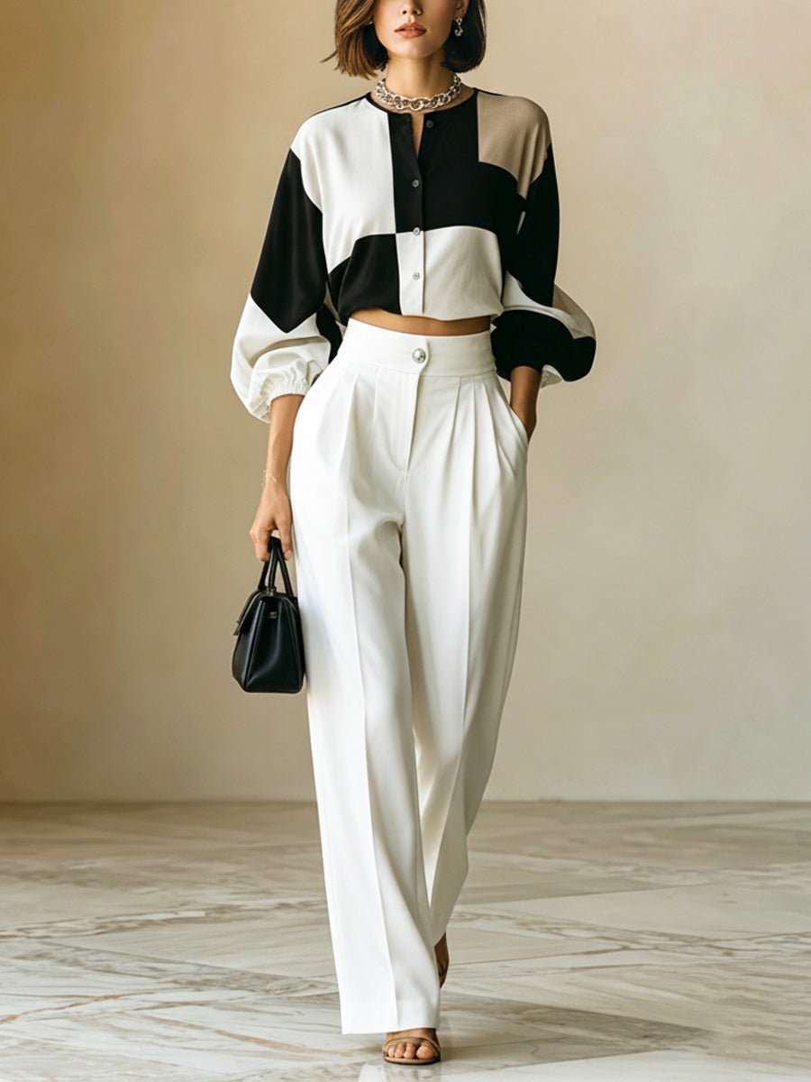 NELLA - Completo color block top manica lunga e pantaloni dritti