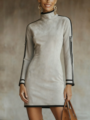 YLENIA - Mini abito grigio chiaro effetto suede con collo alto e zip