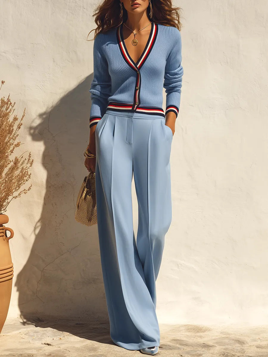 CATERINA - Completo in maglia color block a righe, cardigan e pantaloni palazzo