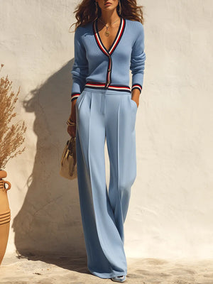 CATERINA - Completo in maglia color block a righe, cardigan e pantaloni palazzo