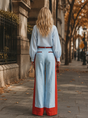 GIULIA - Set blu cotone e lino con camicia rigata e pantaloni ampi