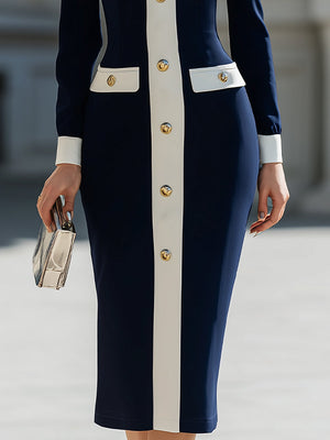 PAOLA - Abito Midi Blu Navy a Maniche Lunghe con Bottoni a Contrasto