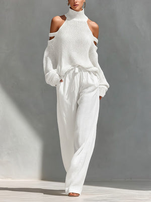 MANUELA - Completo donna due pezzi con top off-shoulder e pantaloni ampi