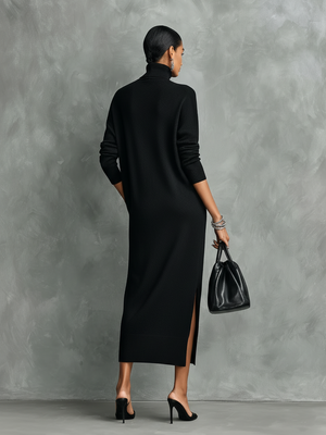 CLAUDIA - Abito midi nero in maglia con collo alto e maniche lunghe